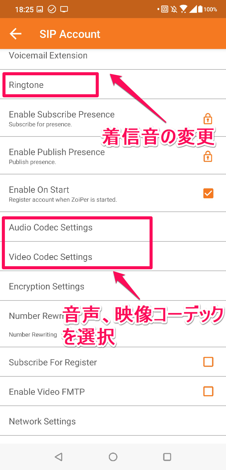 着信音やコーデックの設定