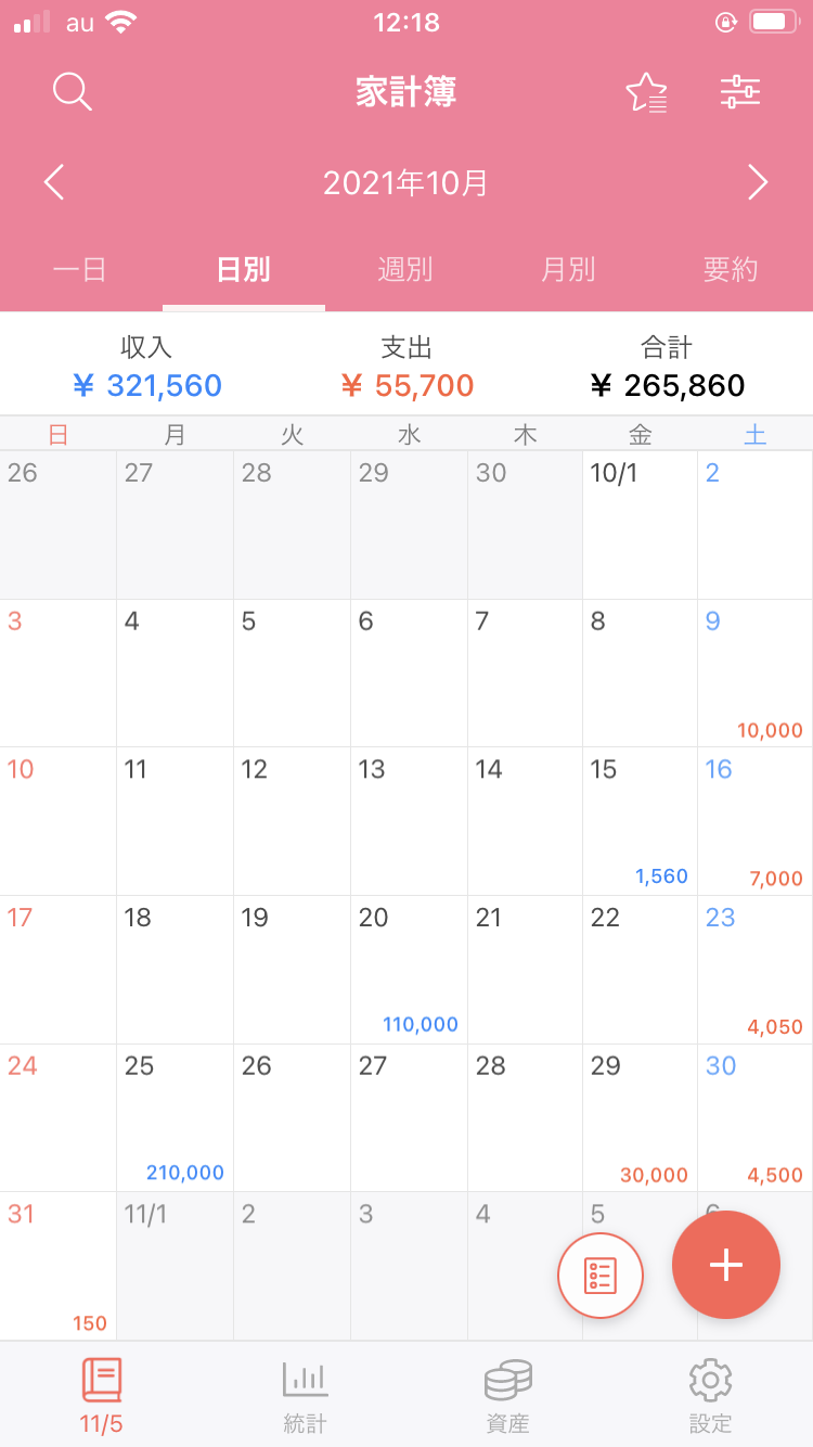 らくな家計簿「日別」カレンダー機能