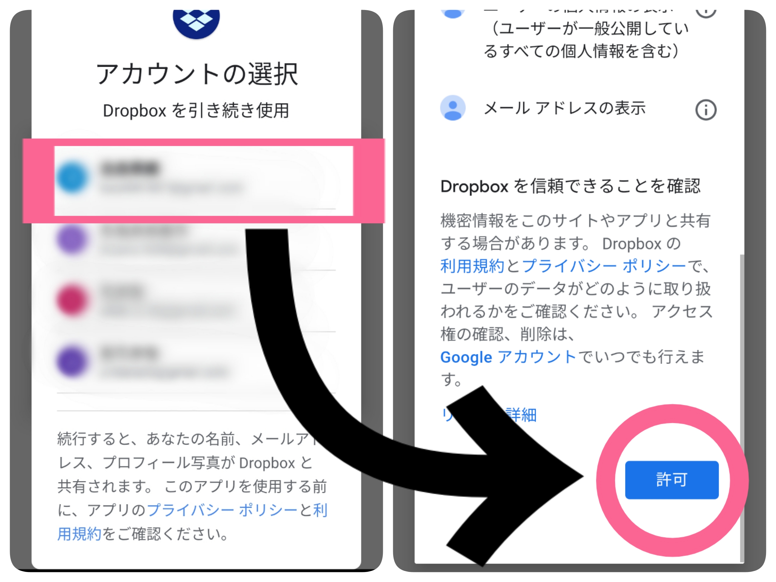 Dropbox　Googleアカウント　アクセス　許可　タップ