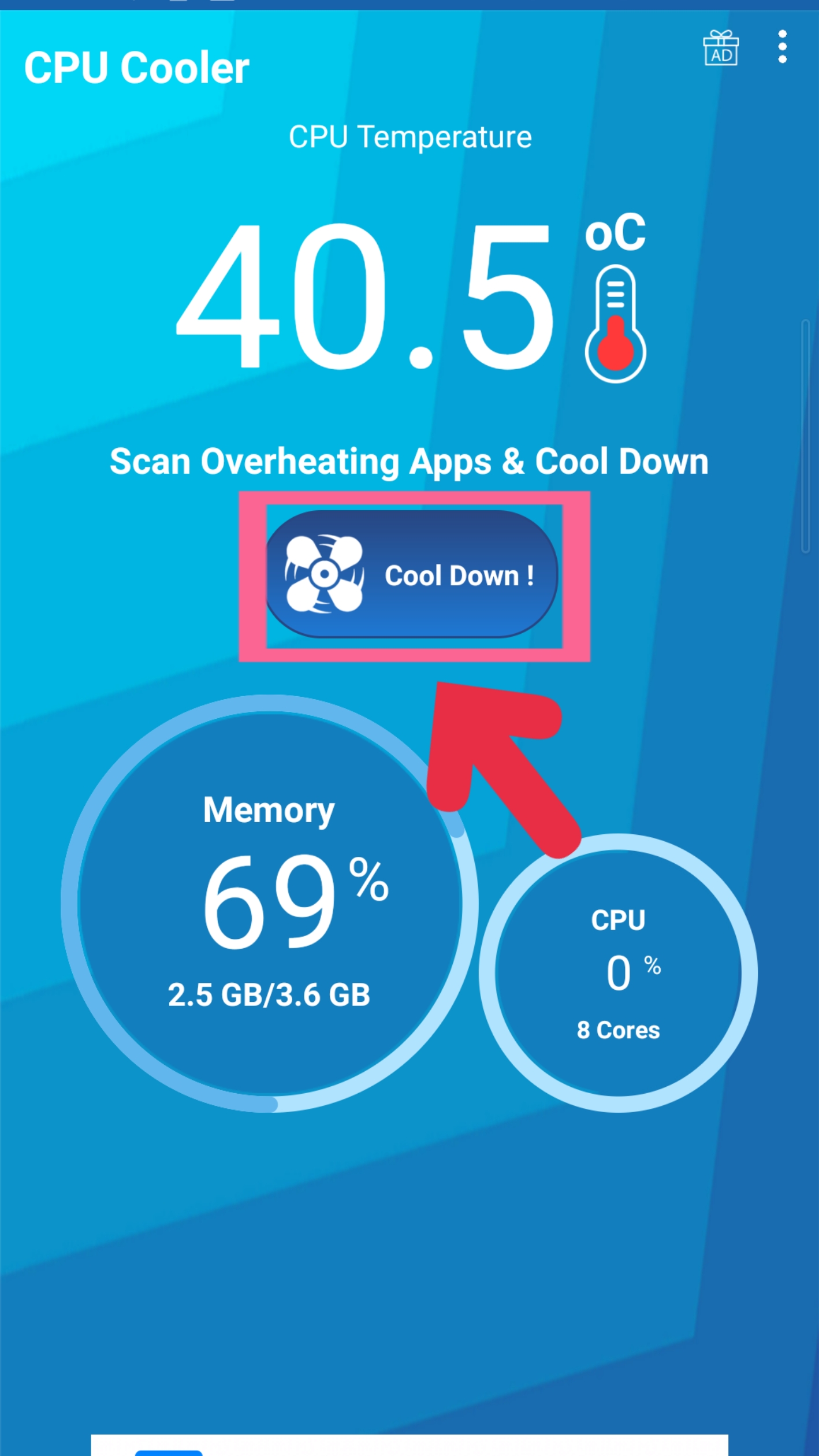 CPUクーラーアプリ :雪の結晶: スマホ 冷却 アプリ　Cool Down!　タップ　実行　完了