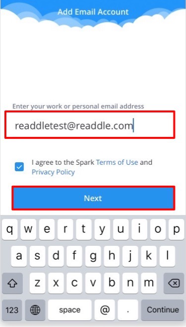 「Spark」アカウントのメールアドレス画面画像