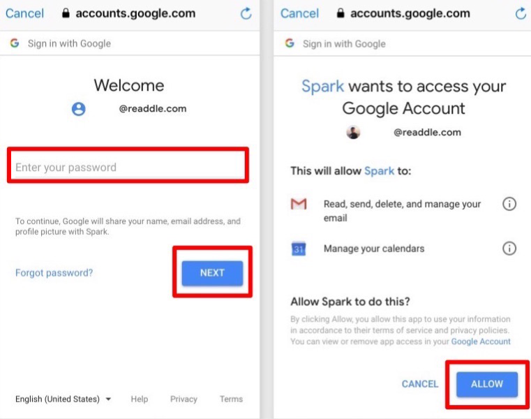 「Spark」アカウントのパスワード設定画面画像