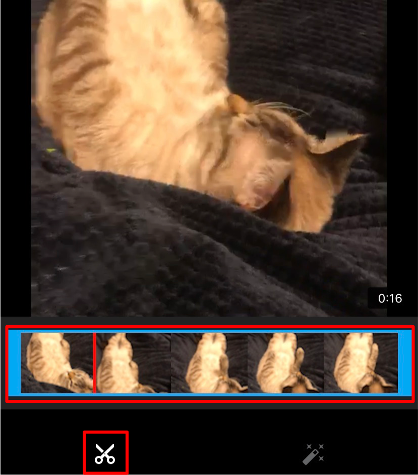 YouTubeアプリの動画投稿画面によるカット作業の画面画像