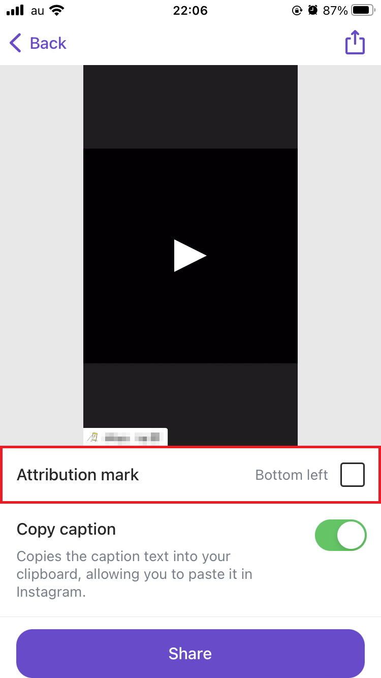 「Attribution mark」をタップ