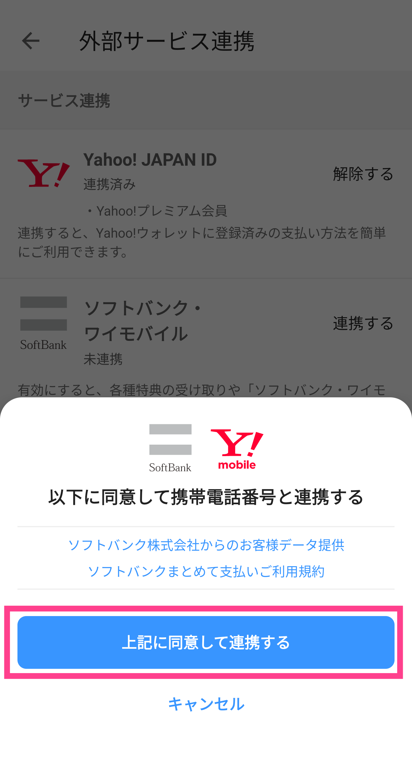 PayPay-ソフトバンクワイモバイル連携同意ボタン