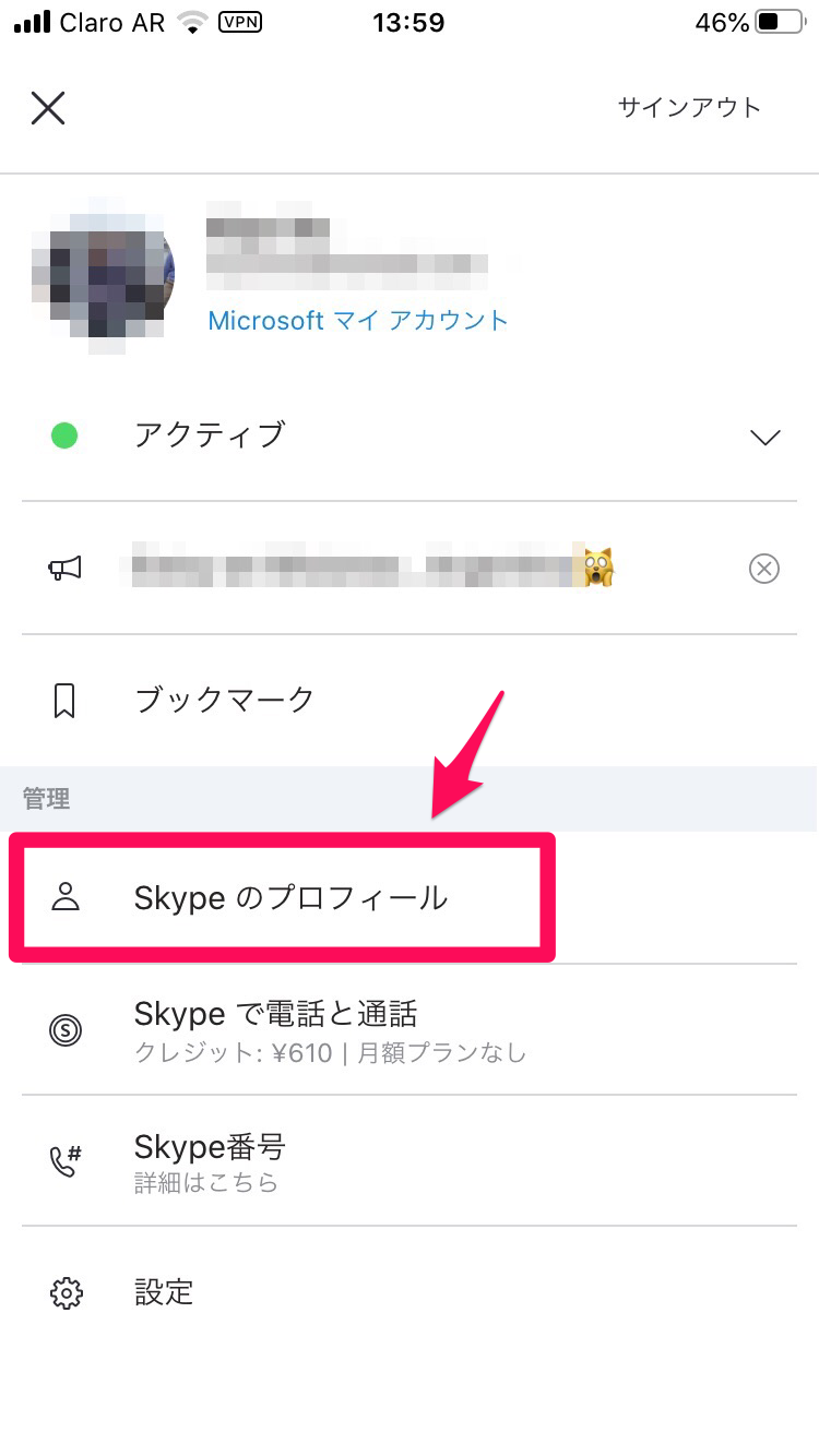 Skypeのプロフィール