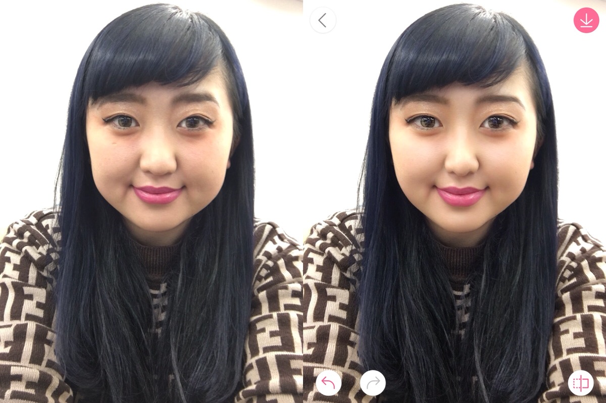 「BeautyPlus」で加工したえりなっちの写真のビフォーアフター