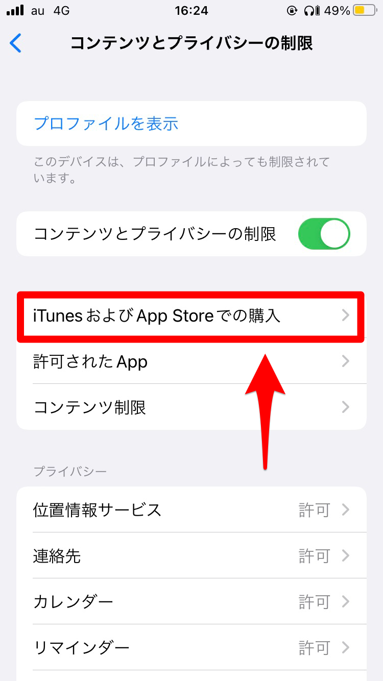 「iTunesおよびApp Storeでの購入」をタップ